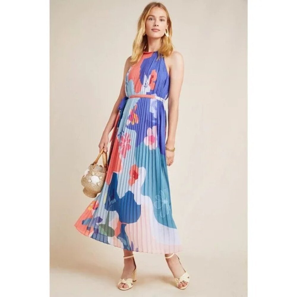 Pankaj & Nidhi Encanta Abstract Floral Maxi Dress in Orange & Blue Size XSP
